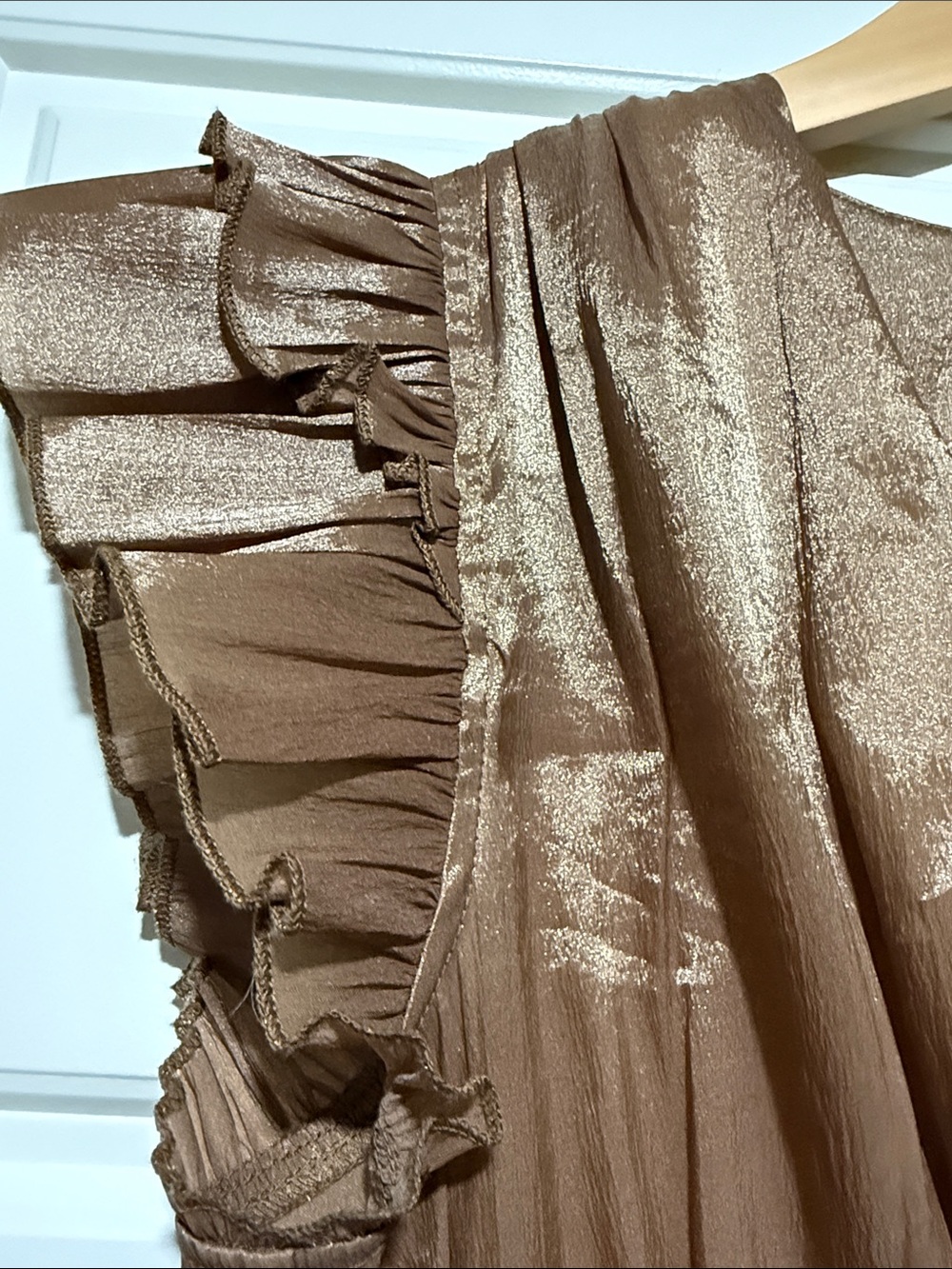 Pinch L SATIN TIERED MAXI DRESS mocha brown sateen large sheen smocked - Picture 6 of 8